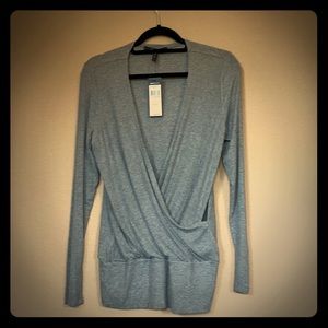 BCBG Ribbed Faux Wrap Long Sleeve Top